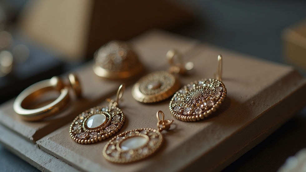 Close-up view of unique earrings on a display