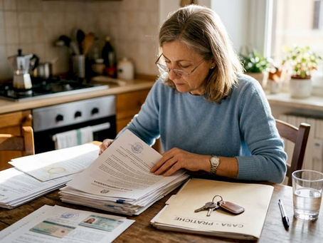 Una donna sta riordinando le carte relative alla sua casa, seduta al tavolo del soggiorno e controllando documenti immobiliari con attenzione.