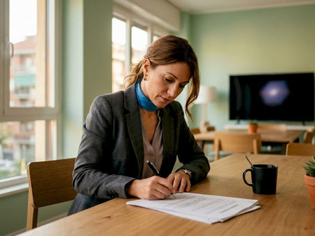 Una donna sta valutando attentamente un contratto di leasing immobiliare, esaminando ogni dettaglio prima di firmare.