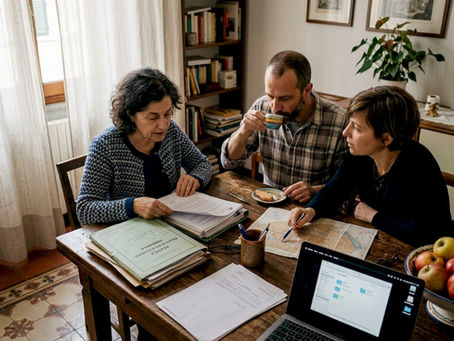 Fratelli che esaminano insieme i documenti relativi alla vendita di una casa ereditata