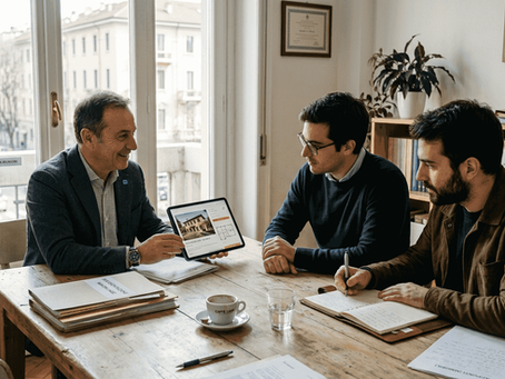 L’agente immobiliare incontra gli eredi nella sala riunioni per discutere della compravendita.