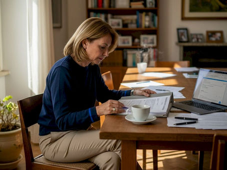 Una donna si occupa delle pratiche e dei documenti relativi alla casa ricevuta in eredità.