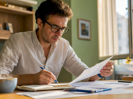 Uomo alle prese con la gestione dei documenti per la manutenzione di una casa ricevuta in eredità.