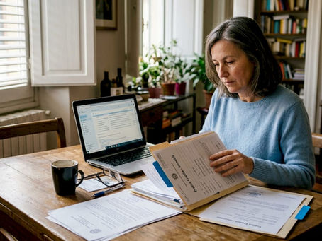 Donna alle prese con la sistemazione dei documenti per la successione ereditaria