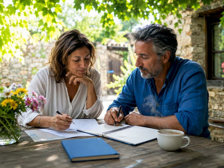 Una coppia seduta in soggiorno mentre valuta insieme le possibili soluzioni immobiliari per il futuro.