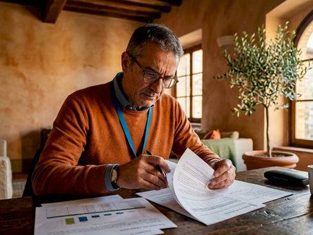 Professionista che esamina e valuta documenti relativi a compravendite immobiliari