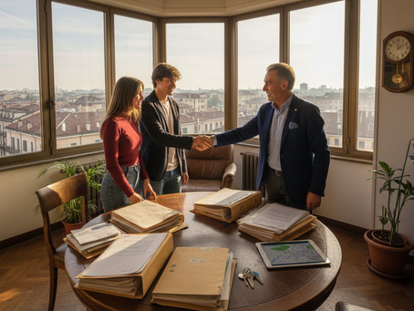 Il consulente immobiliare accoglie i clienti nel suo ufficio, dove regna un po’ di disordine tra documenti e pratiche sparsi ovunque.