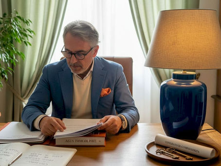 Un avvocato analizza la documentazione relativa a un’asta immobiliare nel proprio studio.