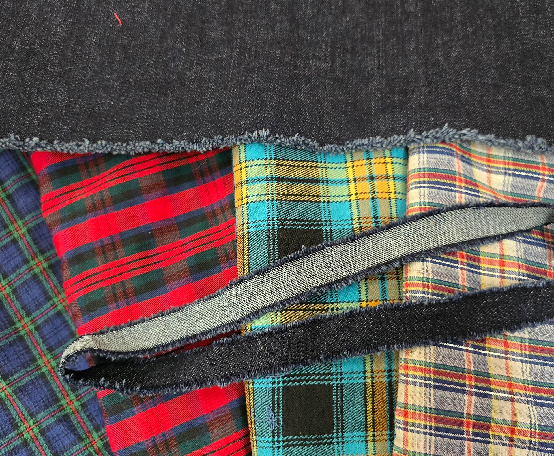plaid fabric and denim frayed fabric