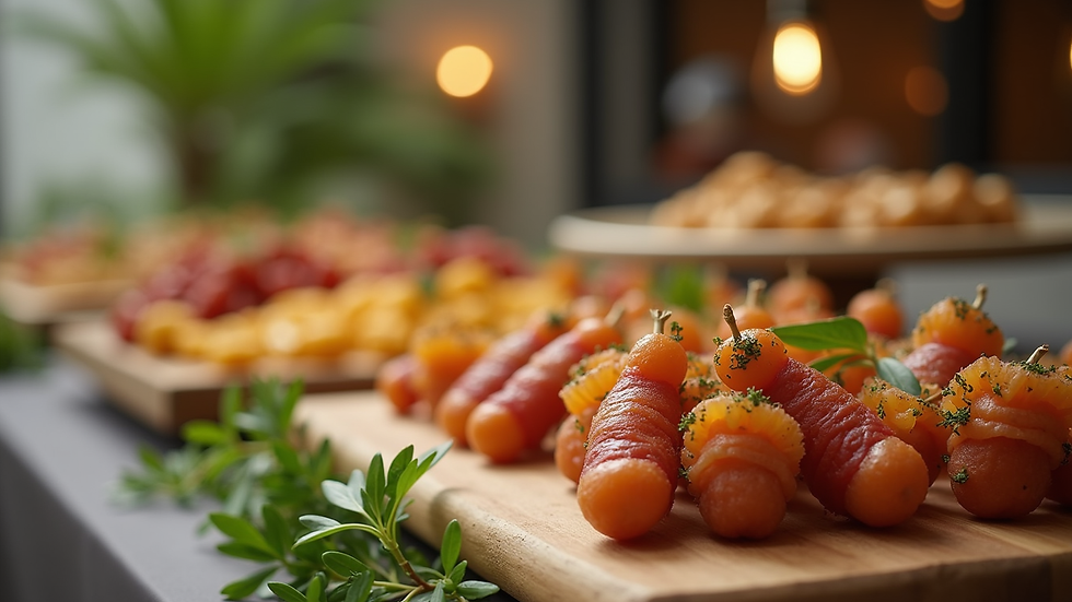 Close-up view of a beautifully arranged catering table with appetizers