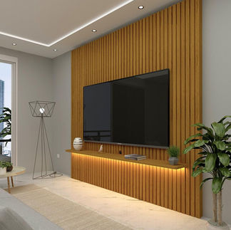 Painel planejado para sala com madeira e iluminação LED