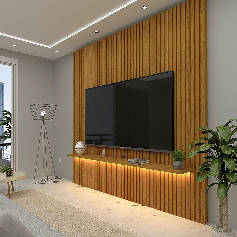 Painel planejado para sala com madeira e iluminação LED