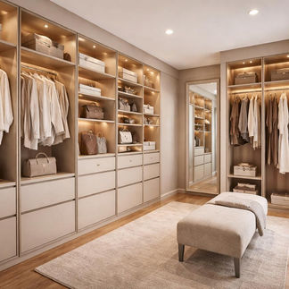 Closet planejado com iluminação LED e acabamento amadeirado