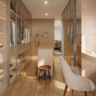Closet planejado com iluminação LED e acabamento amadeirado
