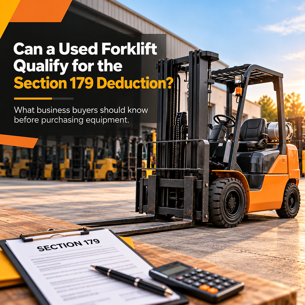Used propane forklift in a dealer yard beside a Section 179 tax deduction form and calculator