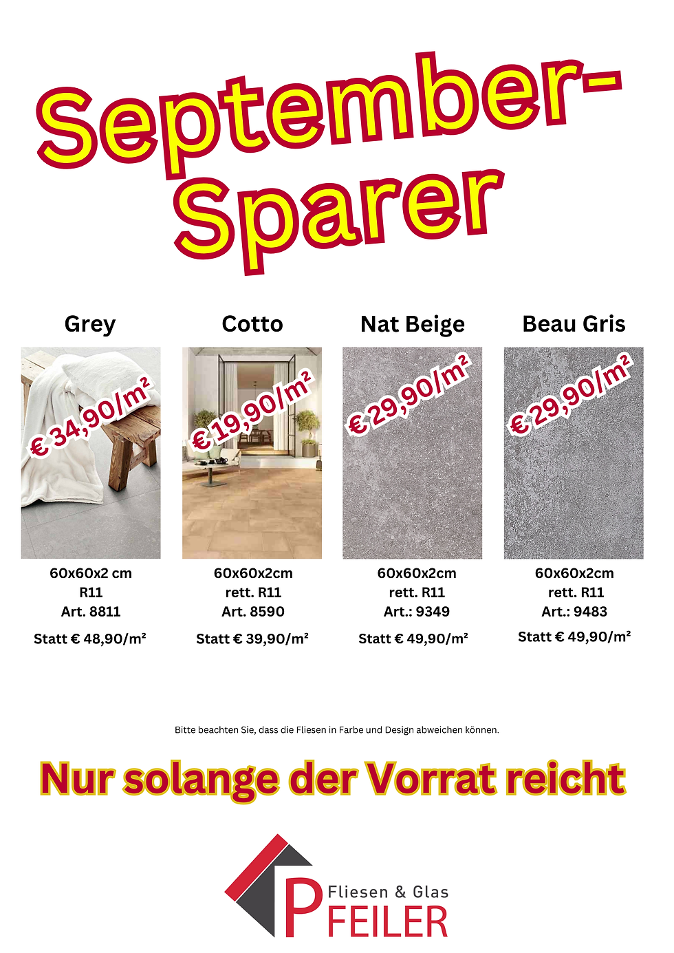 September-Sparer bei Fliesen Pfeiler: Cotto, Rock Grey, Nat Beige & Beau Gris Outdoor-Fliesen zu Akt