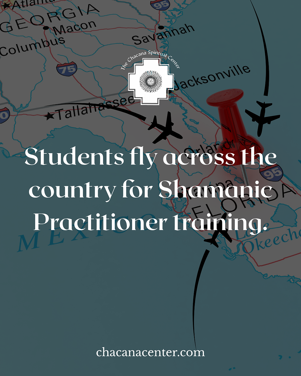 The Chacana Spiritual Center, Melbourne, FL — map graphic with flight paths and pushpin marking Florida, illustrating students traveling nationwide for Shamanic Practitioner Training. chacanacenter.com