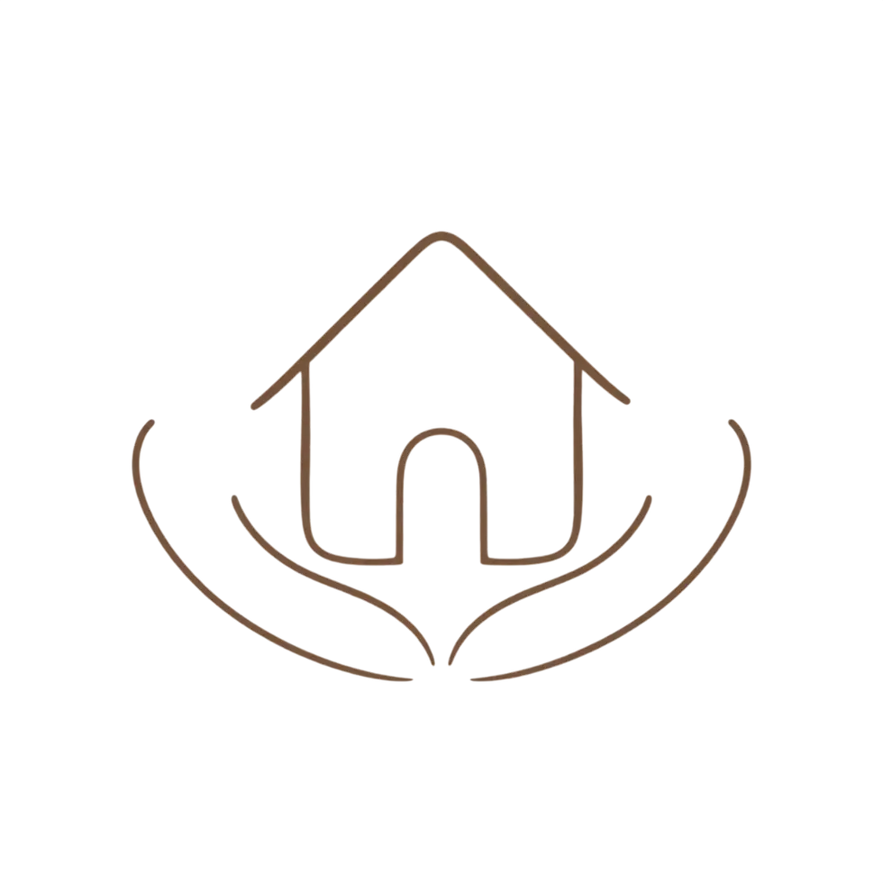 Digital illustration of a minimalist house icon cradled by curved lines. It conveys a sense of care and security.
