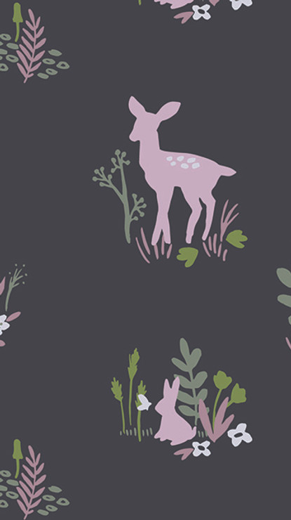 A snippet of the deerly surface pattern design in black with a pink deer and rabbit and some leaves, flowers and mushrooms.