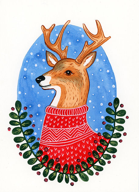 A portrait style ink painting of a male deer in a red knitted sweater. He sits inside a blue oval surrounded by gently falling snow. The bottom of the portrait has a half oval border of green leaves with red berries.