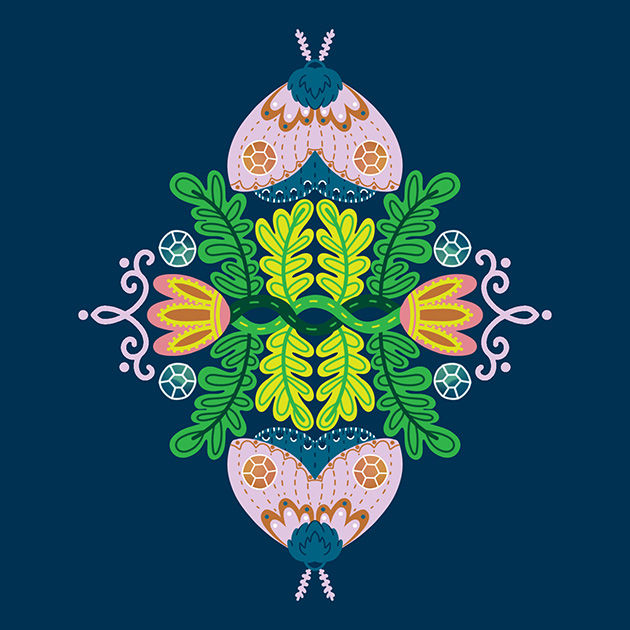 Image of a digital drawing of symmetrical moths flying just above stylized ferns. In the middle of the moths are two folk art inspired tulips with gemstones and a loop and swirl pattern.