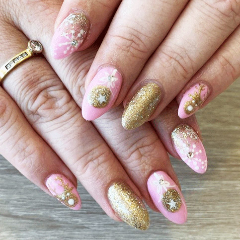 Christmas nail manicure pink with glitter