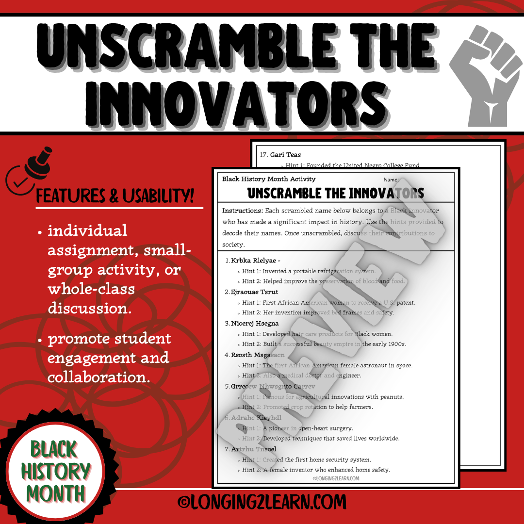 Black Innovators Unscramble Game – Engaging Black History Month Activity