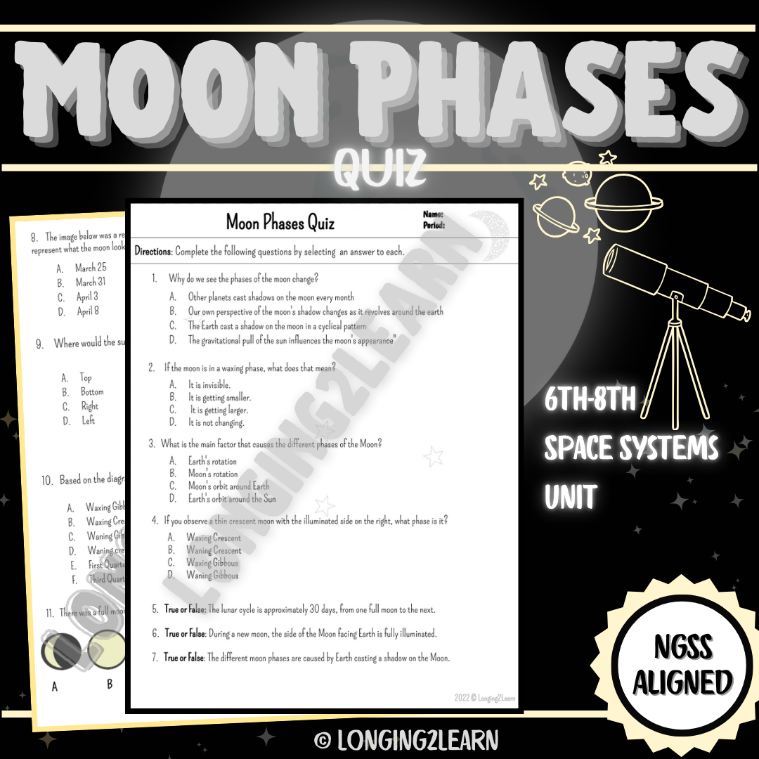 Moon Phases Quiz – NGSS-Aligned Assessment for Middle School Science