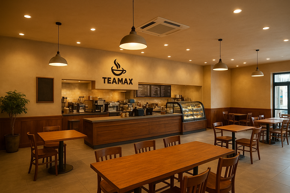 Modern Indian Cafe interior of Teamax with wooden tables and warm lights