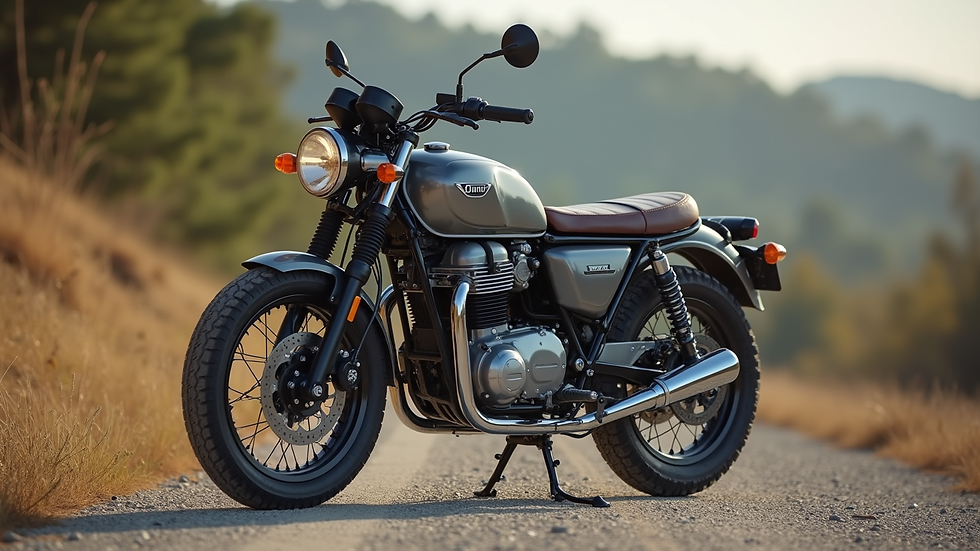 Close-up view of a beginner-friendly motorcycle parked on a gravel road