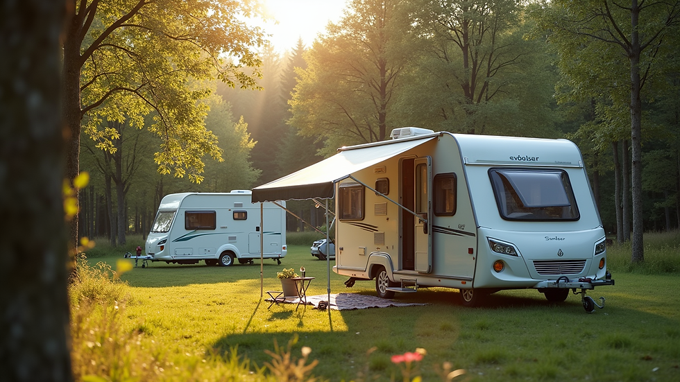 Nahaufnahme eines Campers mit geöffnetem Dachzelt auf einem Waldcampingplatz