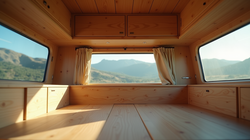 Eye-level view of camper interior with wooden panels and storage compartments
