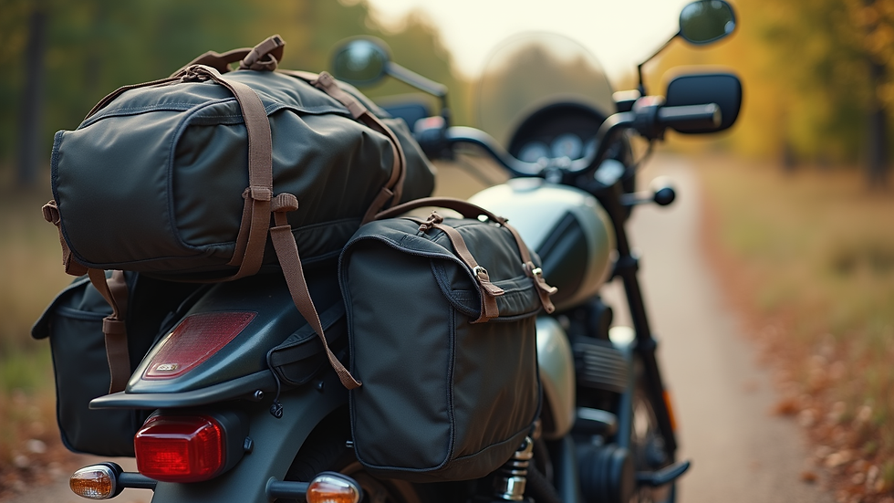 Close-up view of a packed motorcycle with camping gear ready for a trip