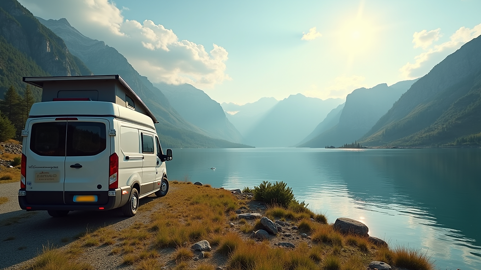 Eye-level view of a camper van parked at a scenic mountain lake