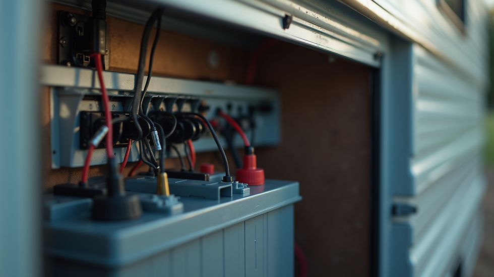 close-up view of camper electrical system with cables and battery