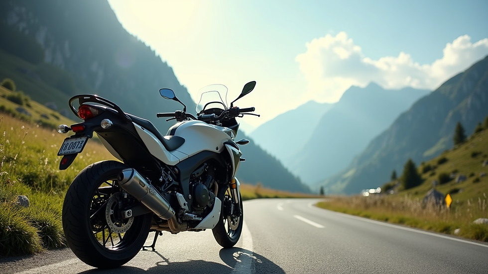 Eye-level view of a beginner-friendly motorcycle parked on a scenic Swiss mountain road