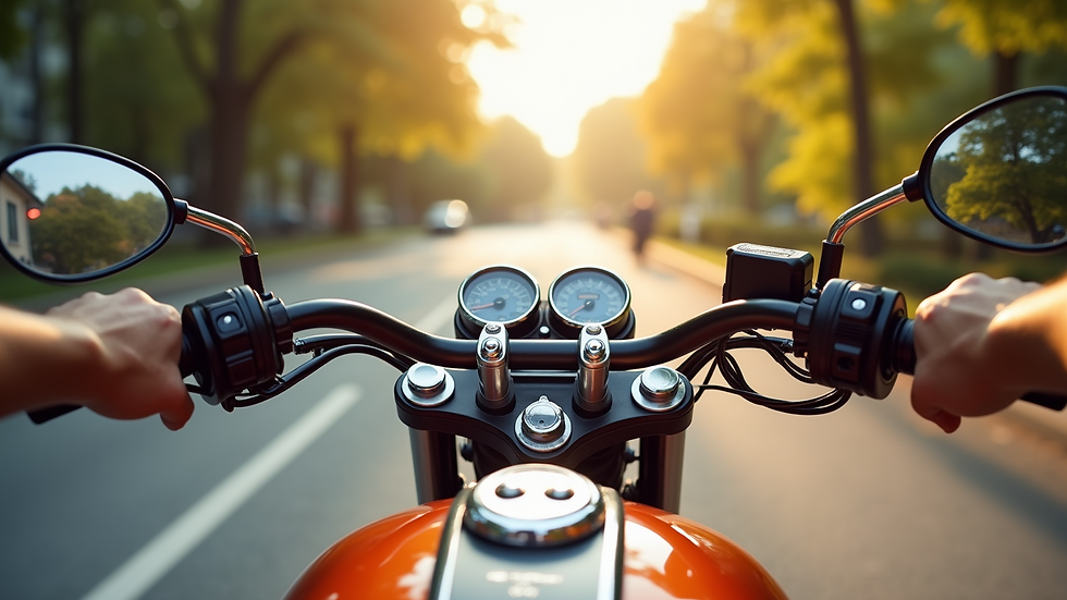 Close-up view of motorcycle dashboard and handlebars on a sunny day