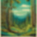 Vintage pop art poster of a wide landscape of a forest in various teal, olive green, and b