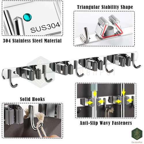 Thumbnail: GardenPal 2 Pack Broom Holder Wall Mount Broom Organizer Storage Tool Racks Stainless Steel Heavy Duty Hooks Organizer for Br