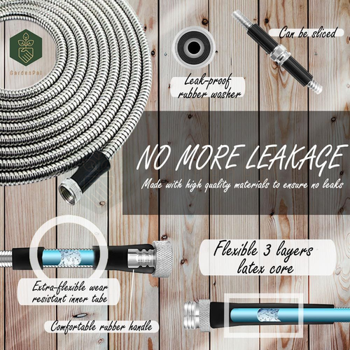 Thumbnail: GardenPal Garden Water Hose 100FT with Adjustable Spray Nozzles, 304 Stainless Steel Hose, Ultra Lightweight and Durable, Cru