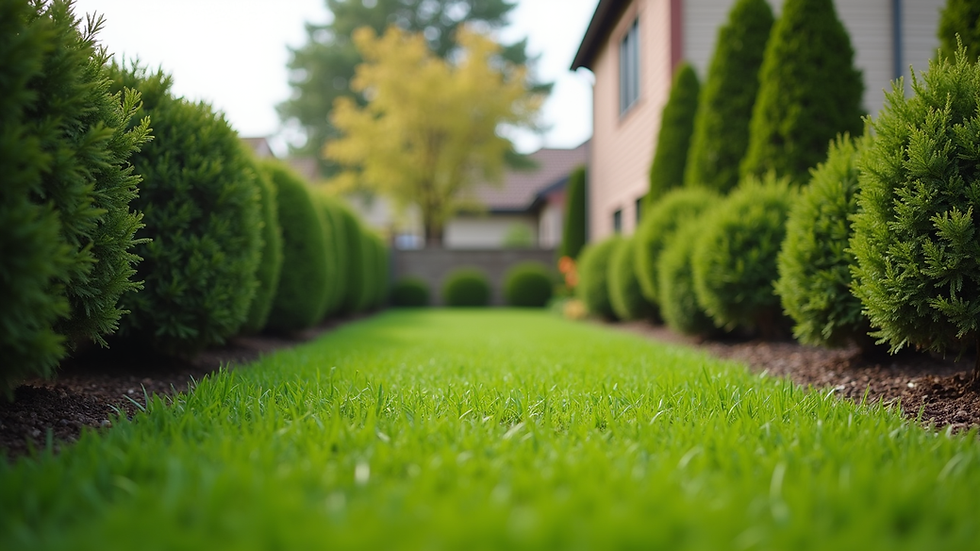 Eye-level view of a tidy suburban yard with trimmed grass and pruned shrubs