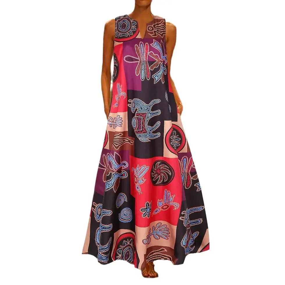 Thumbnail: Summer Women's Artistic Retro Sleeveless V-neck Pullover Print Sexy Dress Long S