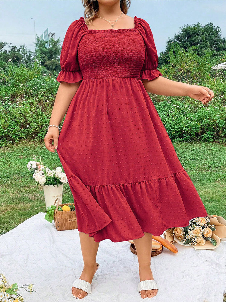 Thumbnail: Ladies Large Size Romantical Pure Color Back-tied Dress Elegant Women's plus Siz