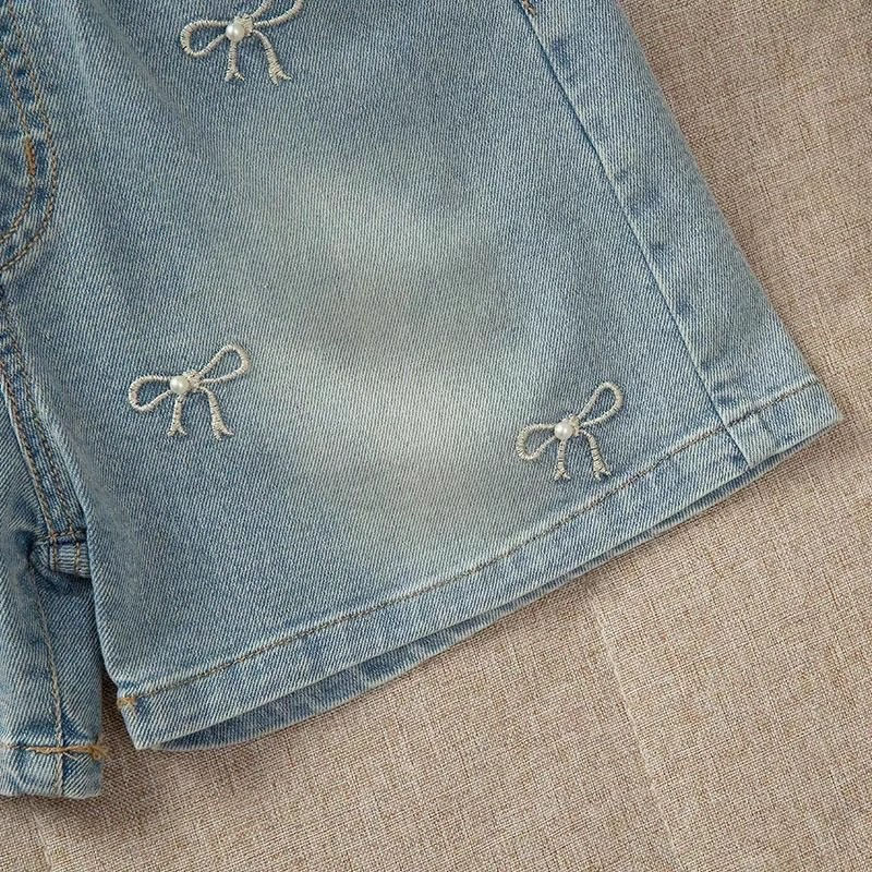 Thumbnail: New Summer Girls Shorts Jeans Fashion Embroidery Bow Short Denim Pants For 2-12 