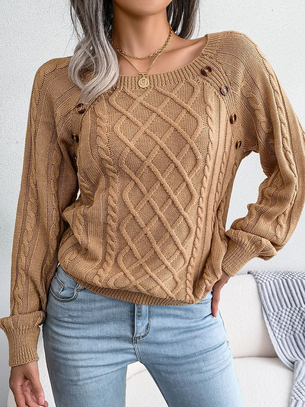 Thumbnail: [Texture Lantern Sleeve Sweater] Round Neck Texture Lantern Sleeve Women's Sweat