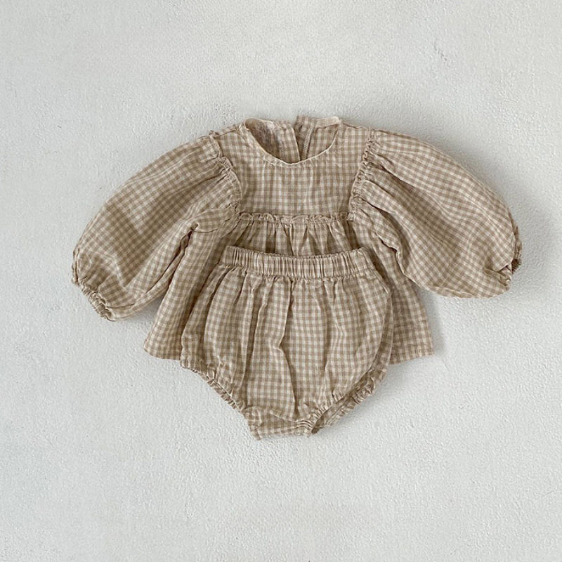 Thumbnail: Spring Toddler Baby Girls Set Cotton Plaid Blouse and Shorts Sets for Kids Infan