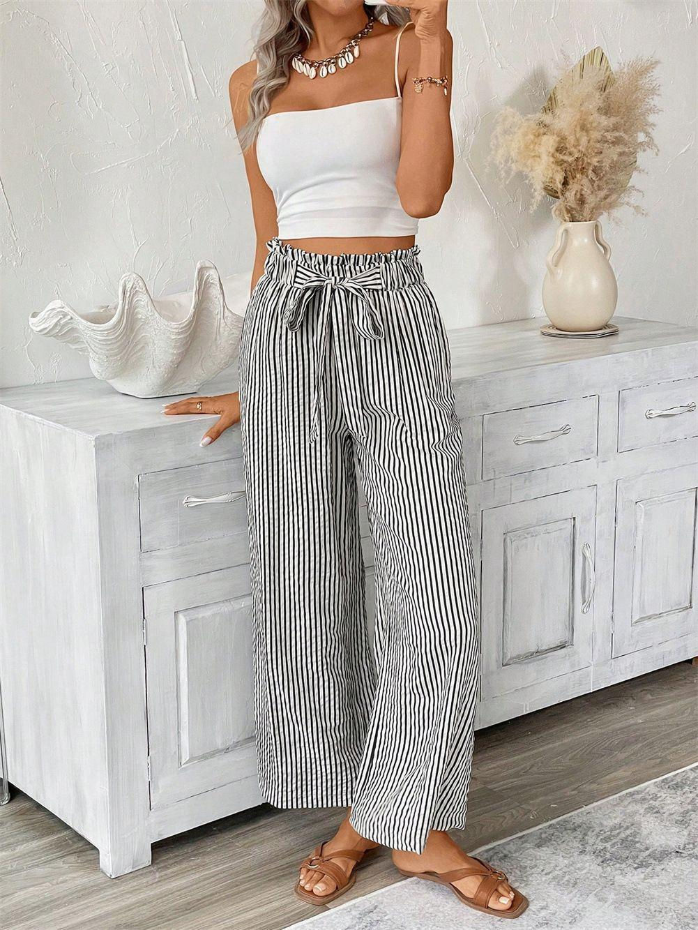 Spring Summer New High Waist Straight Leg Pants Women, European Stripe Wide Leg