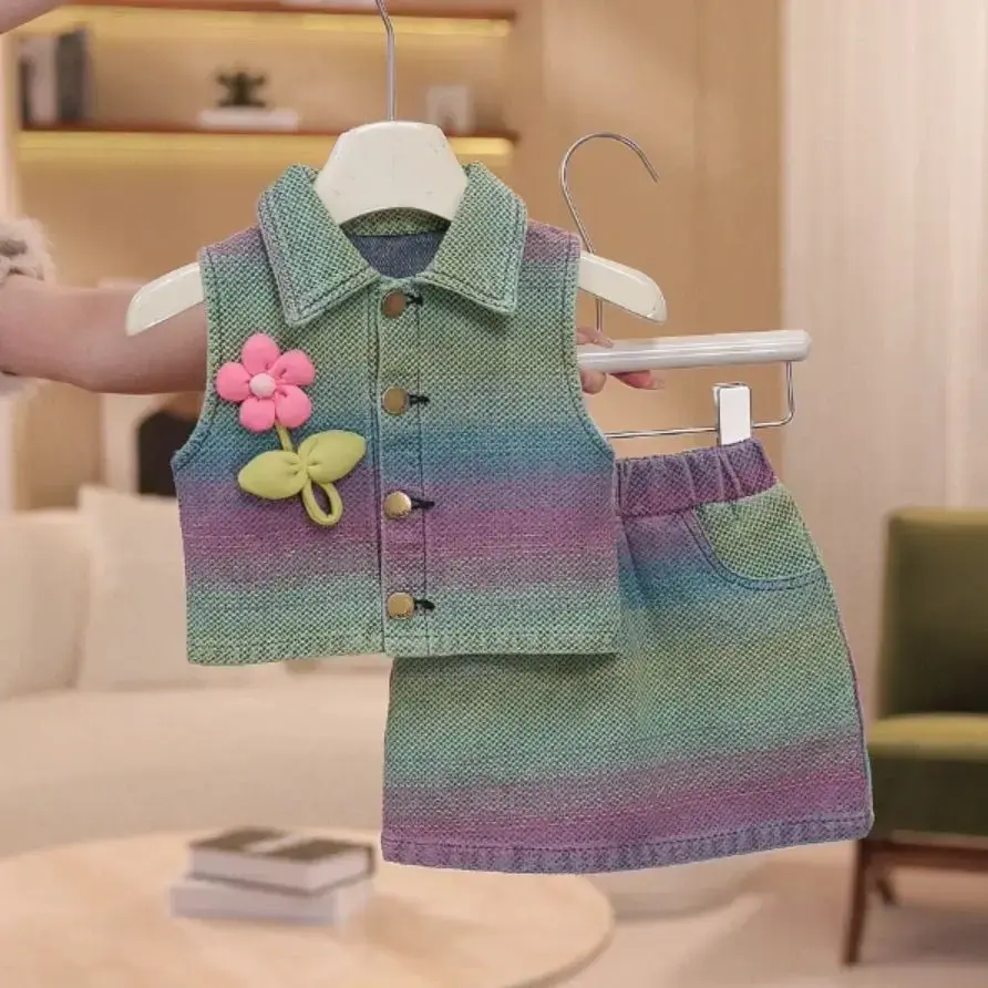 Children's Clothing Sets Blossom-Embroidered Corset Top + Prairie Denim Skirt Se