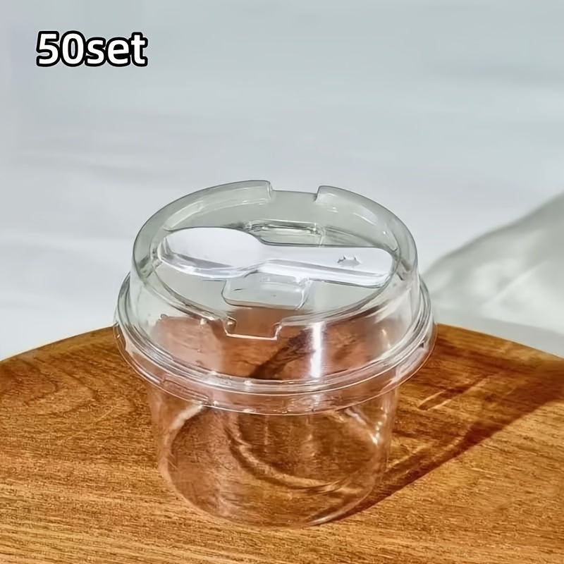 50set Circular PET Transparent Packaging Box with Lid And Spoon Set, Transparent