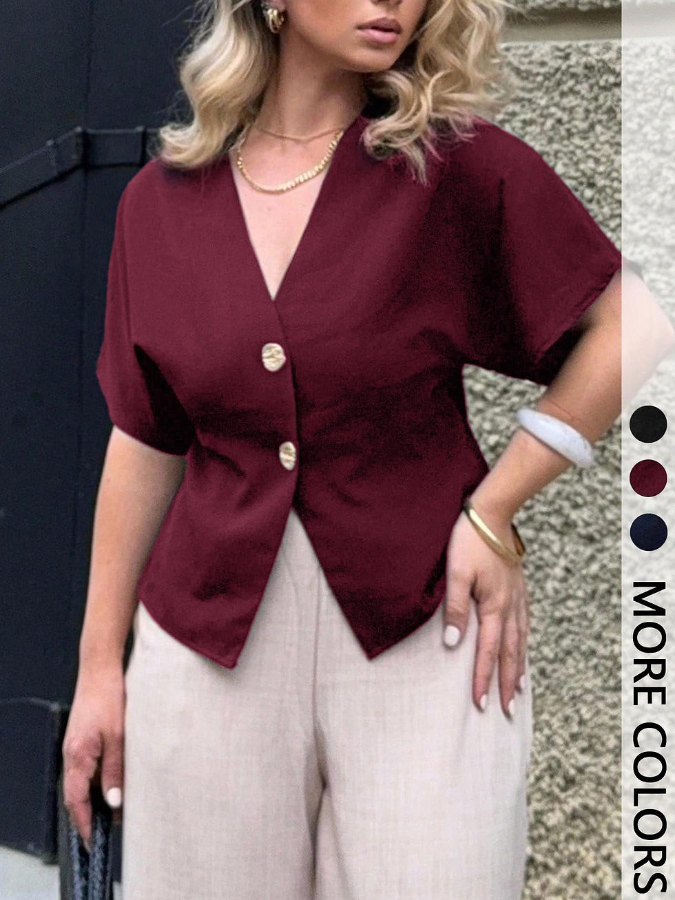Thumbnail: Women's Solid Color V-Neck Trim Shirt Short Sleeve with Golden Button Details Lo